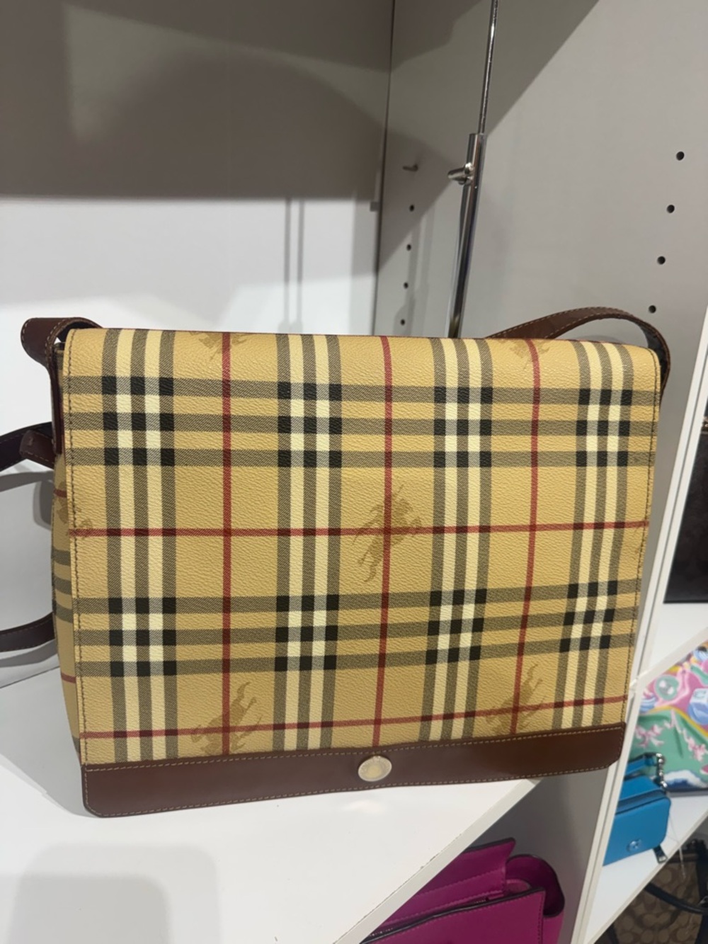 Burberry Yellow Vintage Check Messenger Bag with Brown Trim